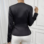 Cecilie Satin Wrap Bluse - Sort