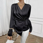 Cecilie Satin Wrap Bluse - Sort