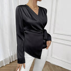 Cecilie Satin Wrap Bluse - Sort